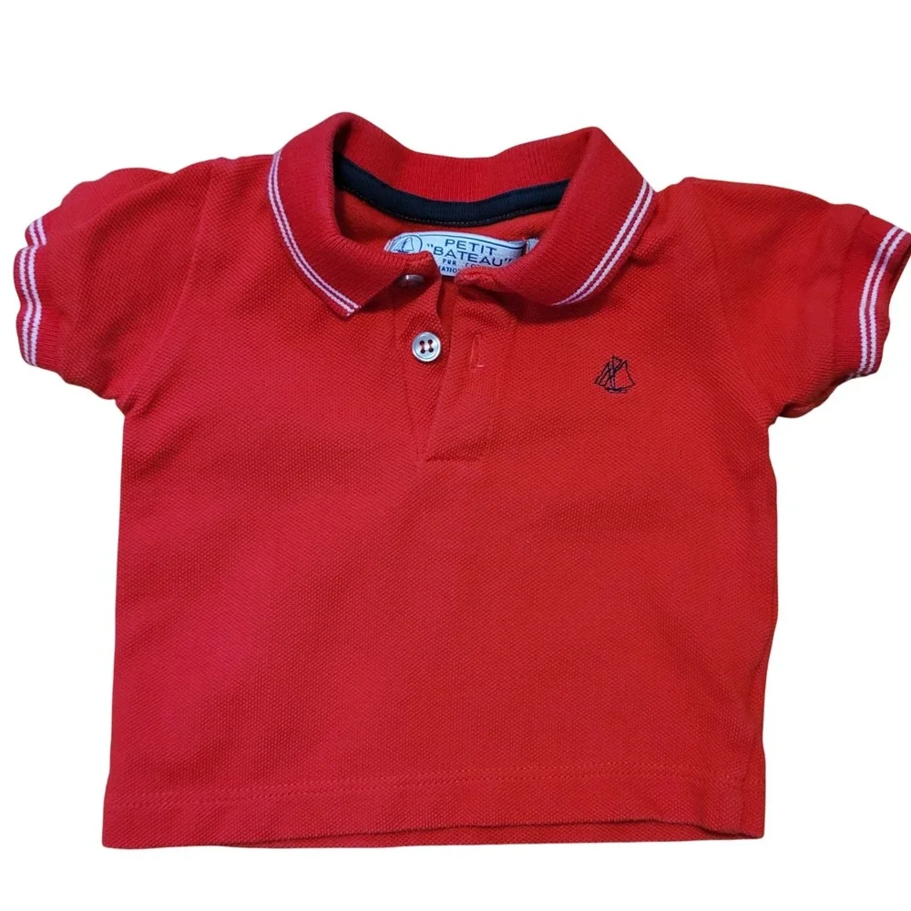 Petit Bateau Outfit Set Red Polo Blue Striped Pants 3M‎ Nautical Baby Boy 2pc